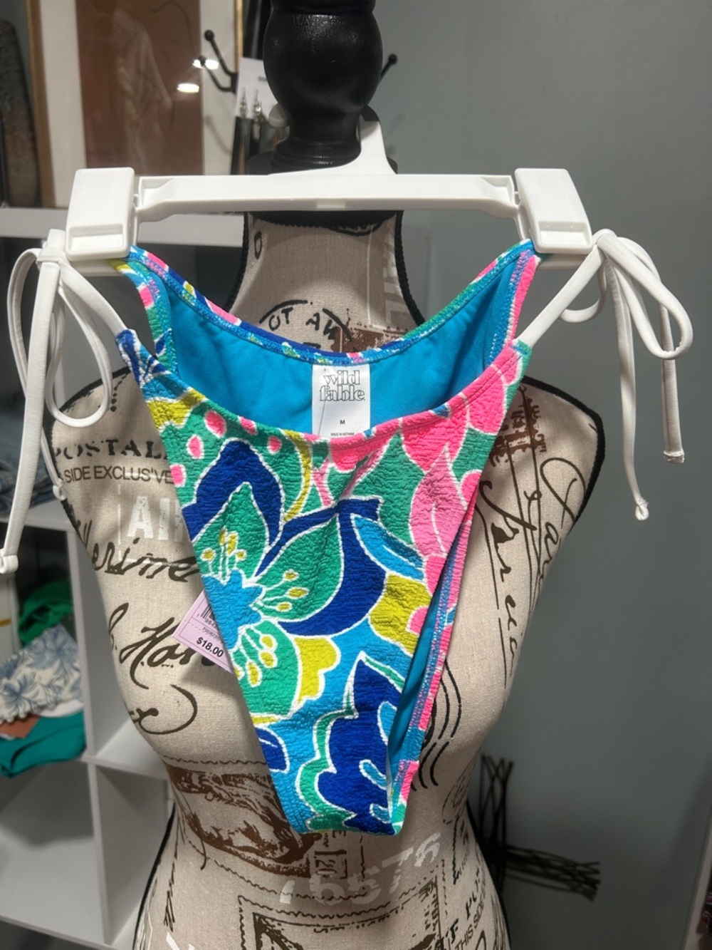Bikini Bottom Blue Floral Tie-Side with Pink & Green Accents Wild Fable